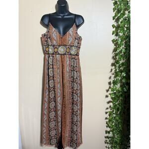 VTG Spenser Jeremy Beaded Metallic 98% Silk Sun Dress Empire Waist Brown Sz 10